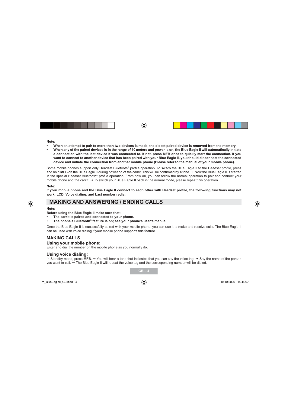 Making and answering / ending calls | Mr Handsfree Blue Eagle II User Manual | Page 6 / 107