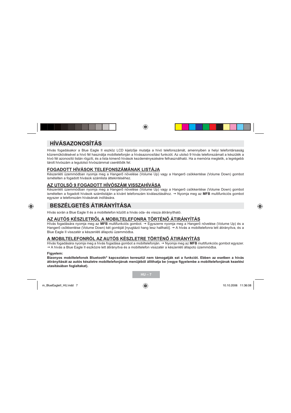 Hívásazonosítás, Beszélgetés átirányítása | Mr Handsfree Blue Eagle II User Manual | Page 70 / 107