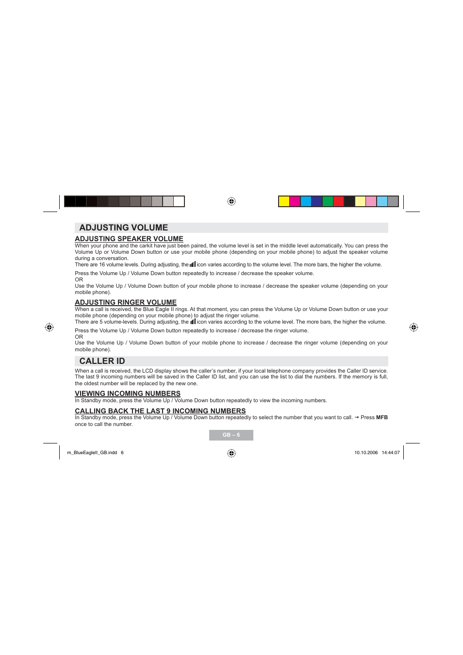 Adjusting volume, Caller id | Mr Handsfree Blue Eagle II User Manual | Page 8 / 107