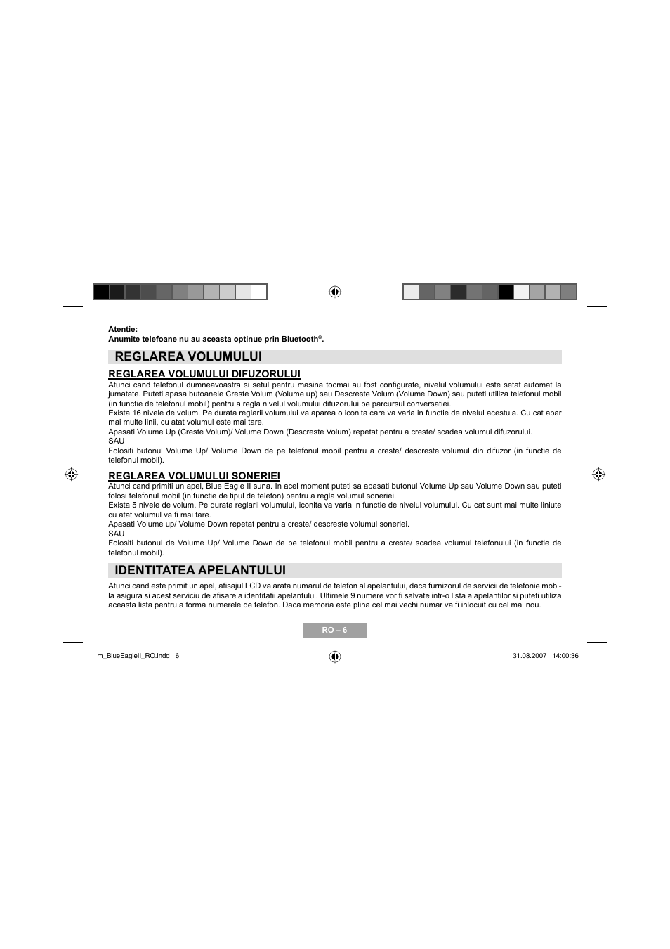 Reglarea volumului, Identitatea apelantului | Mr Handsfree Blue Eagle II User Manual | Page 88 / 107