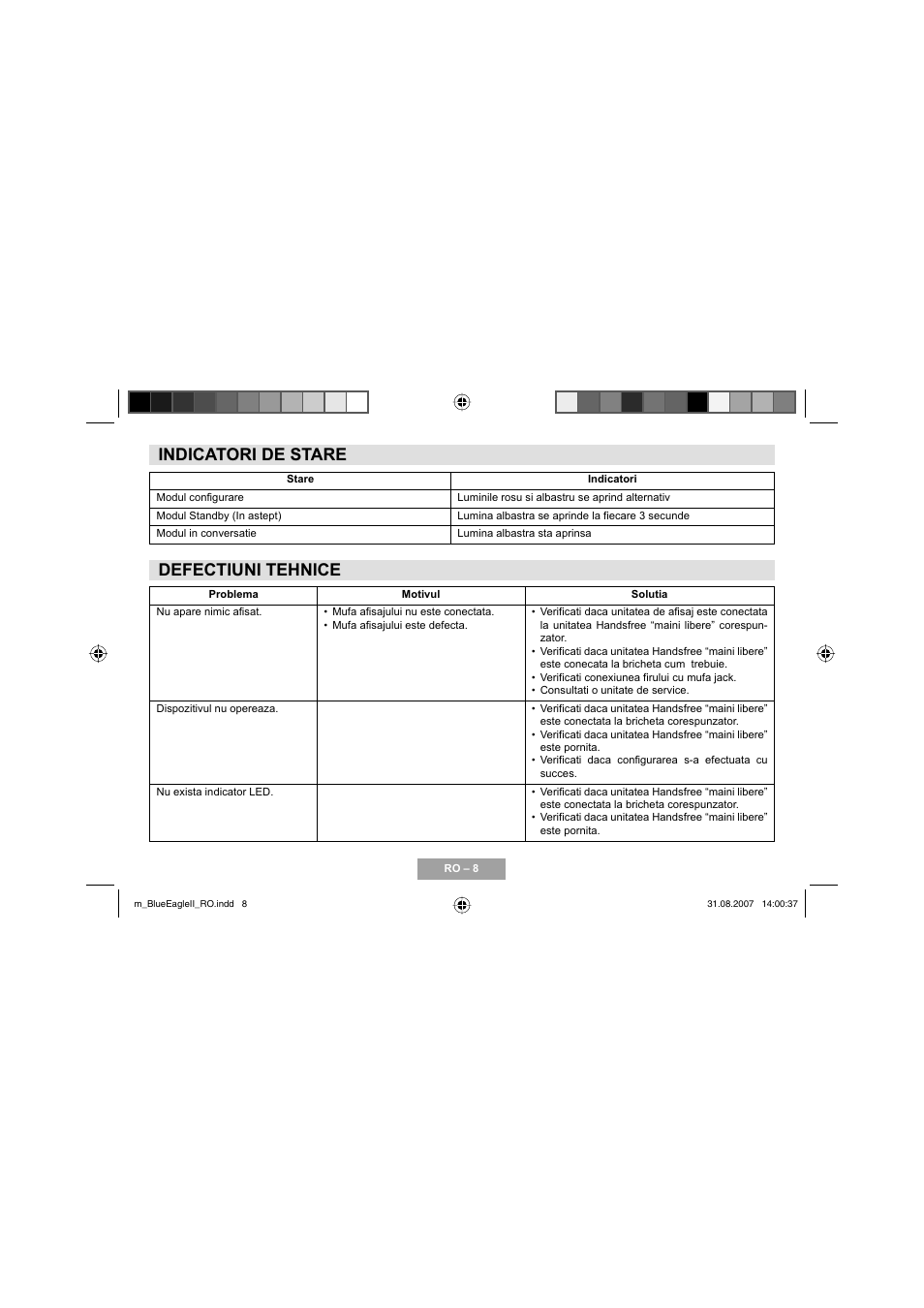 Indicatori de stare, Defectiuni tehnice | Mr Handsfree Blue Eagle II User Manual | Page 90 / 107