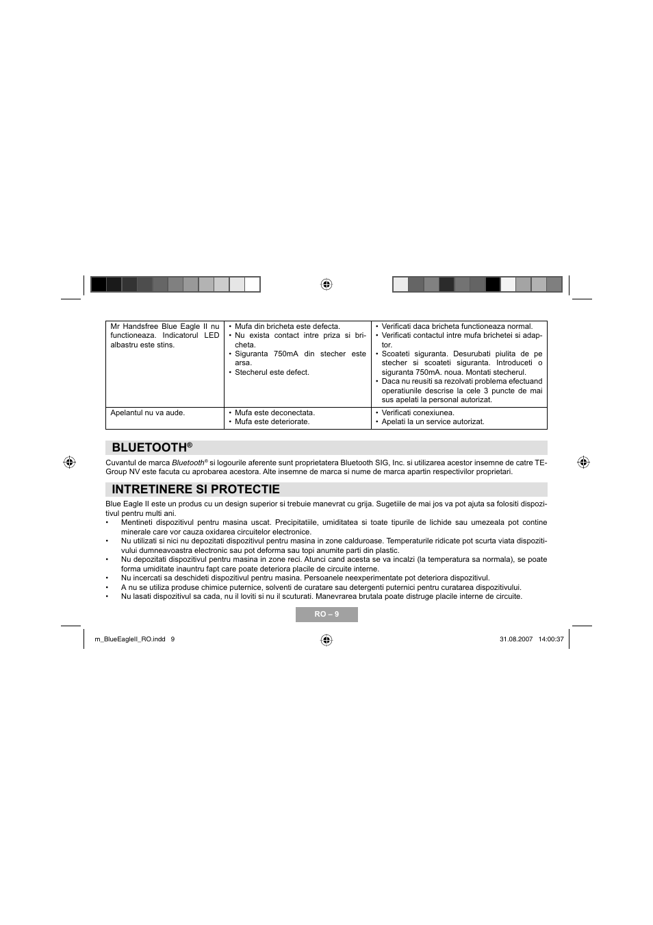 Bluetooth, Intretinere si protectie | Mr Handsfree Blue Eagle II User Manual | Page 91 / 107