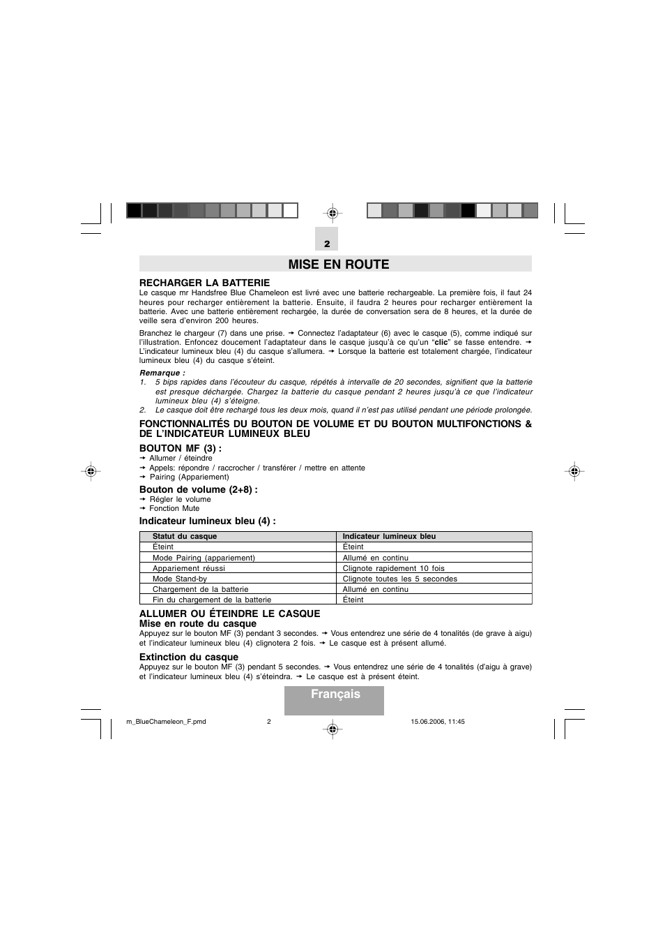 Mise en route, Français | Mr Handsfree Bluetooth Headset Blue Chameleon User Manual | Page 14 / 63