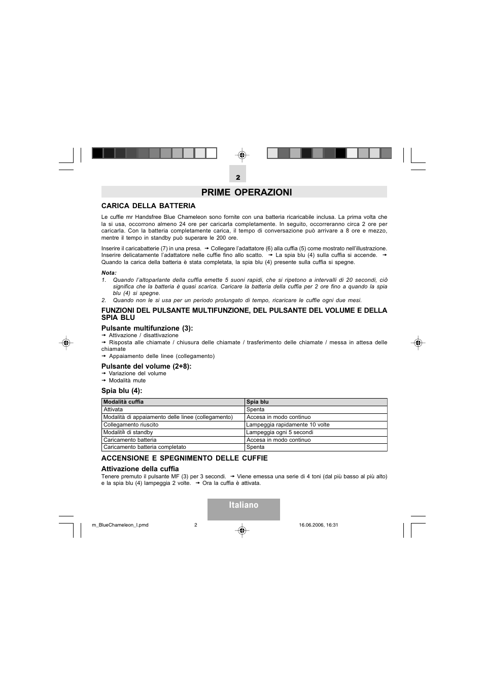 Prime operazioni, Italiano | Mr Handsfree Bluetooth Headset Blue Chameleon User Manual | Page 26 / 63