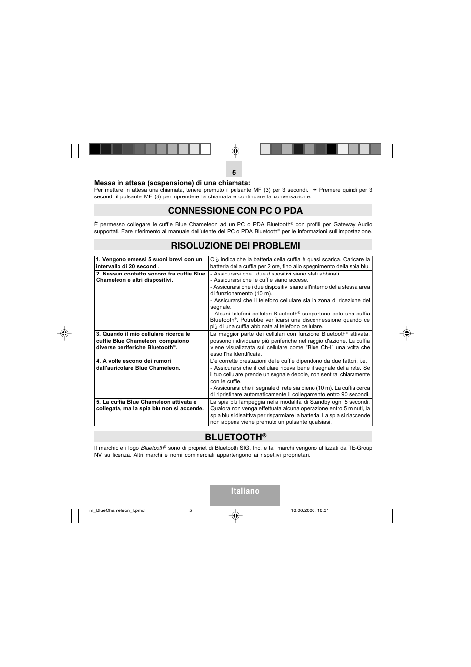 Connessione con pc o pda, Risoluzione dei problemi, Bluetooth | Italiano | Mr Handsfree Bluetooth Headset Blue Chameleon User Manual | Page 29 / 63