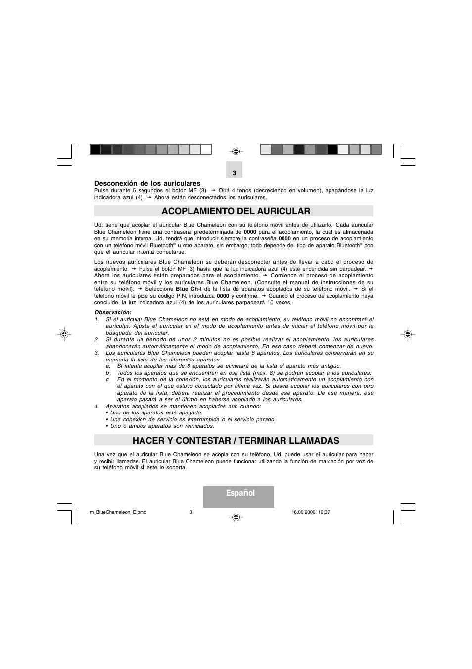 Acoplamiento del auricular, Hacer y contestar / terminar llamadas, Espa ñol | Mr Handsfree Bluetooth Headset Blue Chameleon User Manual | Page 32 / 63