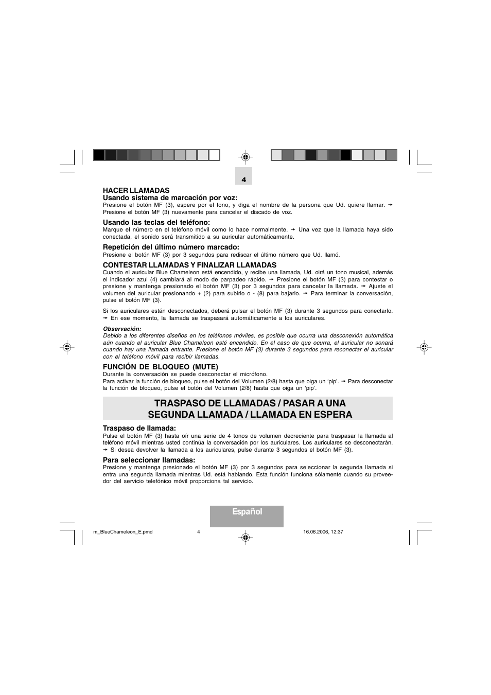 Espa ñol | Mr Handsfree Bluetooth Headset Blue Chameleon User Manual | Page 33 / 63