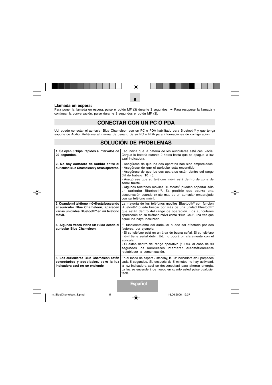 Conectar con un pc o pda, Solución de problemas, Espa ñol | Mr Handsfree Bluetooth Headset Blue Chameleon User Manual | Page 34 / 63