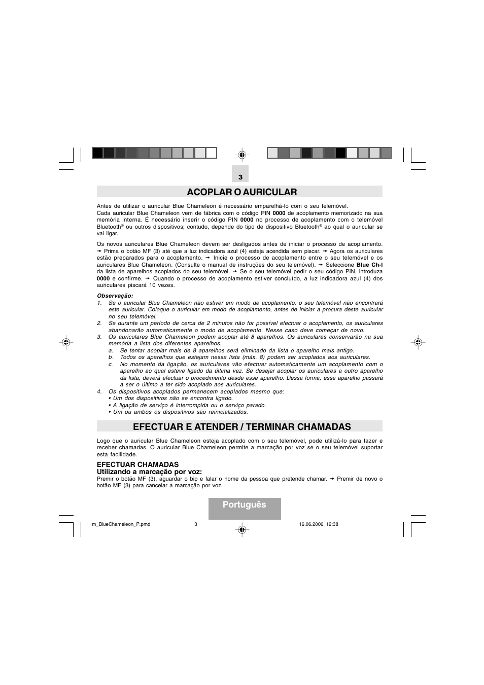 Acoplar o auricular, Efectuar e atender / terminar chamadas, Português | Mr Handsfree Bluetooth Headset Blue Chameleon User Manual | Page 38 / 63