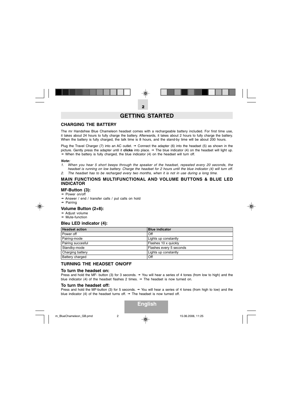 Getting started, English | Mr Handsfree Bluetooth Headset Blue Chameleon User Manual | Page 4 / 63