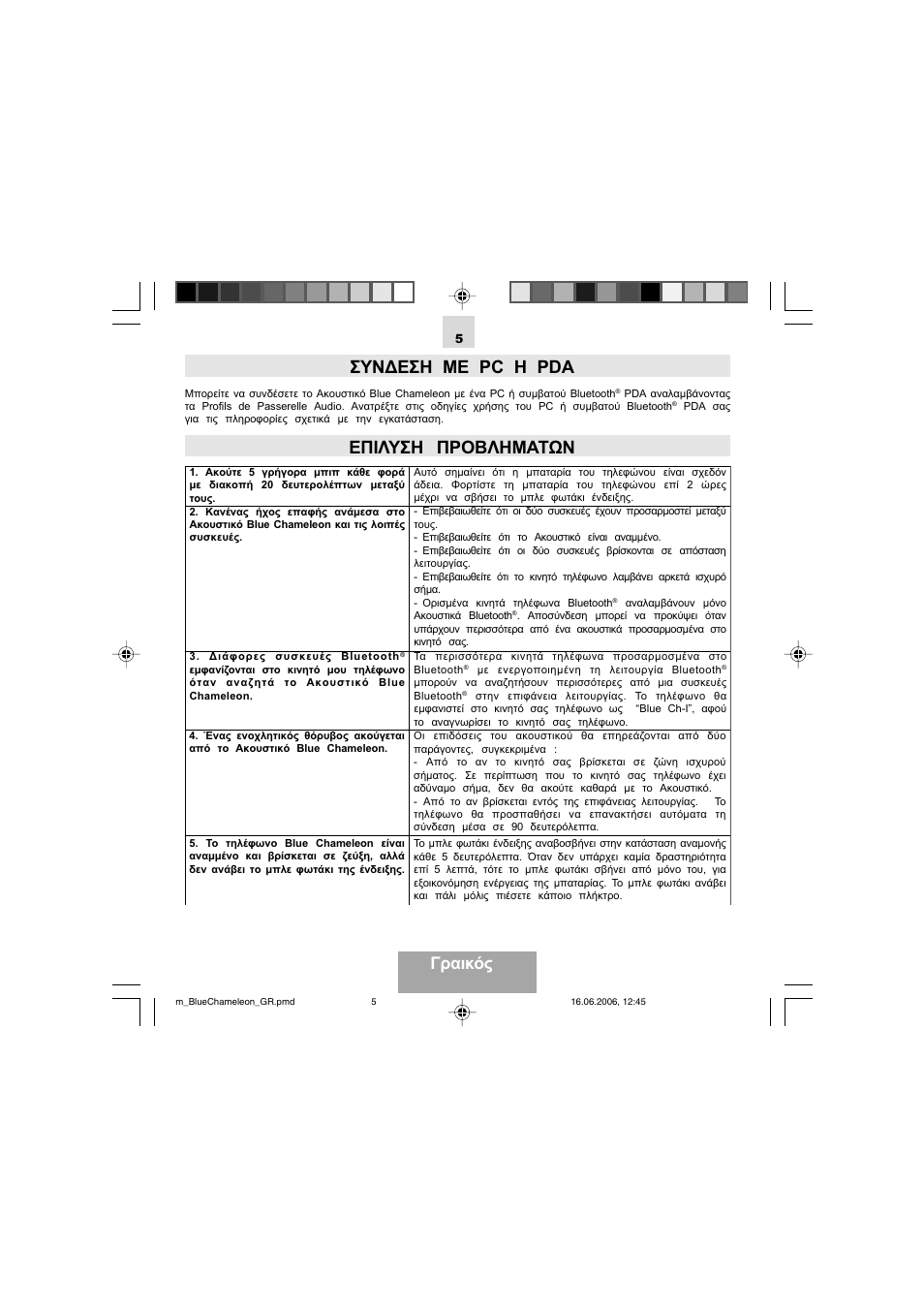 Συν∆εση με pc η pda, Επιλυση προβληματων, Γραικός | Mr Handsfree Bluetooth Headset Blue Chameleon User Manual | Page 45 / 63