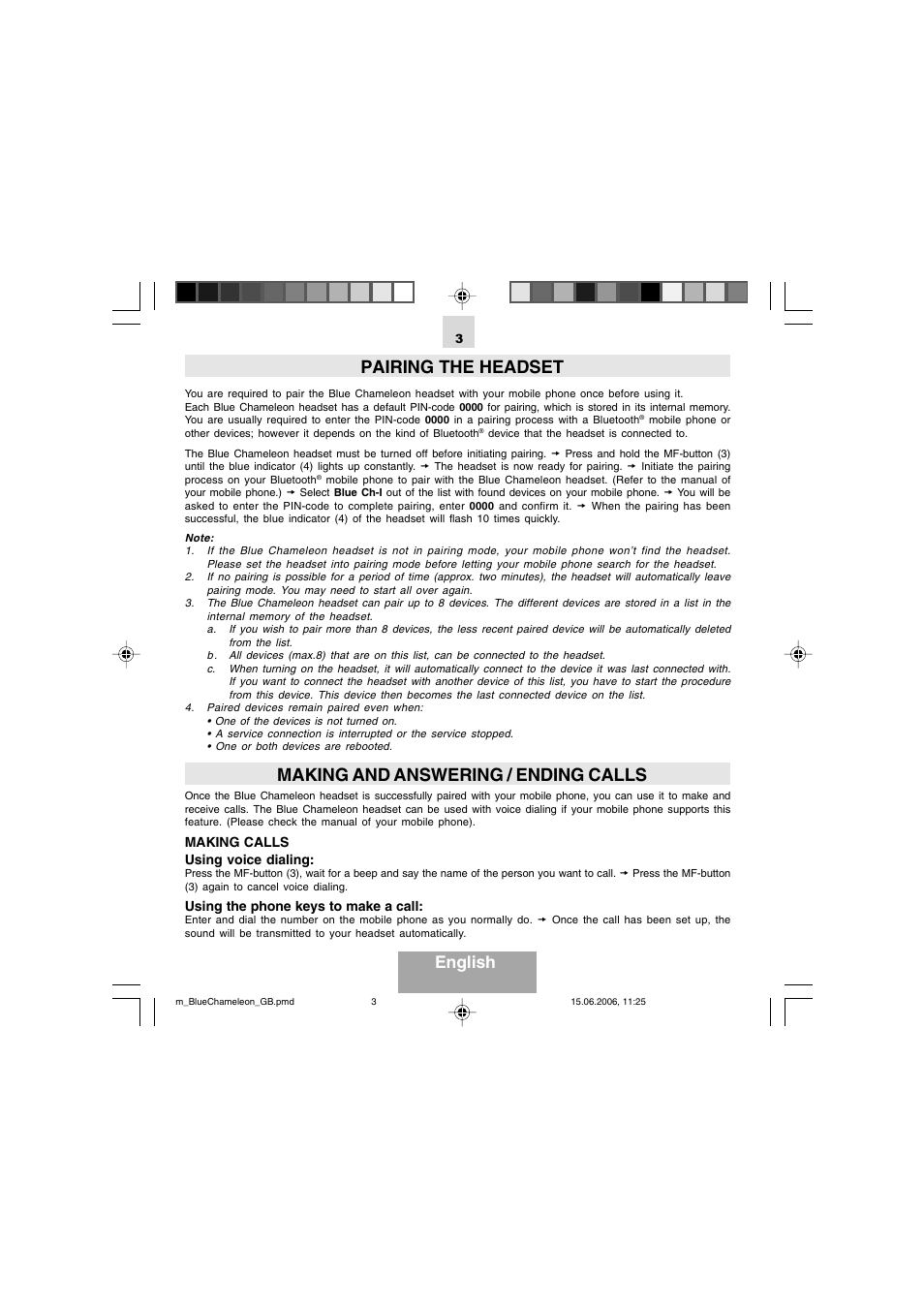 Pairing the headset, Making and answering / ending calls, English | Mr Handsfree Bluetooth Headset Blue Chameleon User Manual | Page 5 / 63