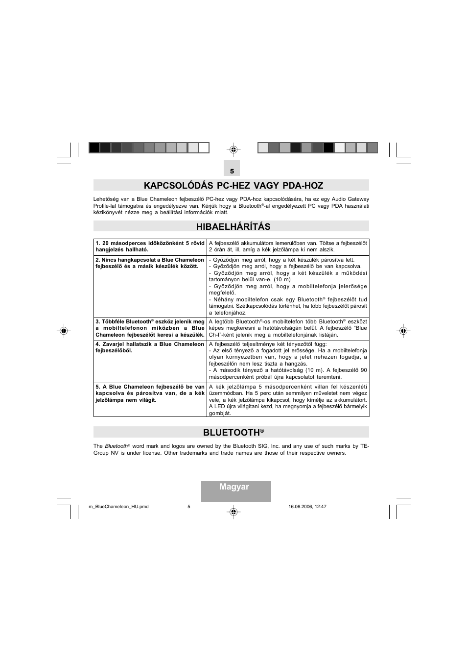 Kapcsolódás pc-hez vagy pda-hoz, Hibaelhárítás bluetooth, Magyar | Mr Handsfree Bluetooth Headset Blue Chameleon User Manual | Page 57 / 63