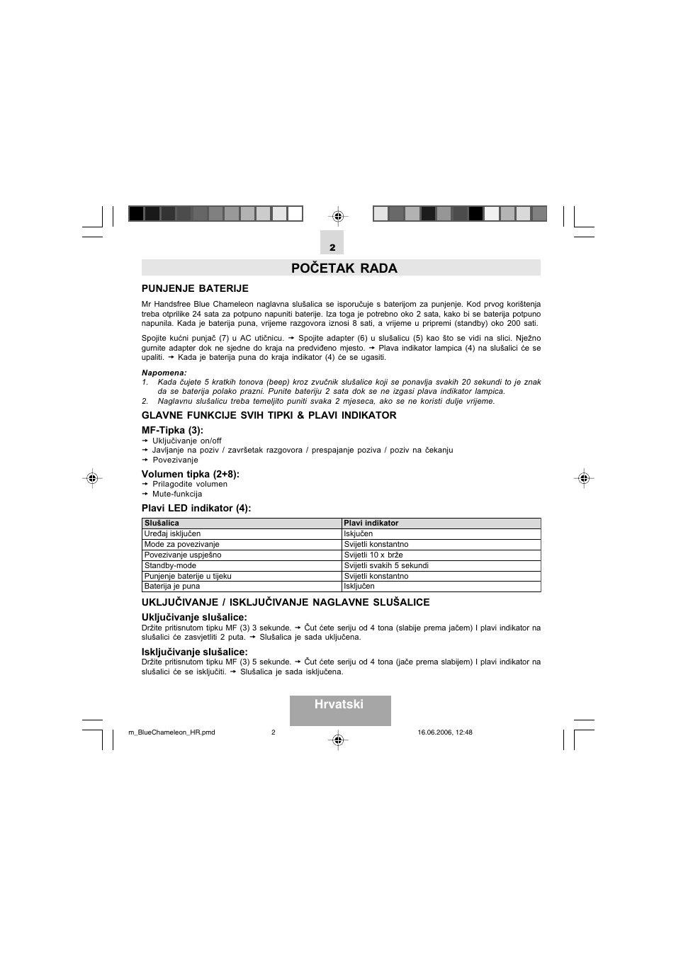 Početak rada, Hrvatski | Mr Handsfree Bluetooth Headset Blue Chameleon User Manual | Page 59 / 63