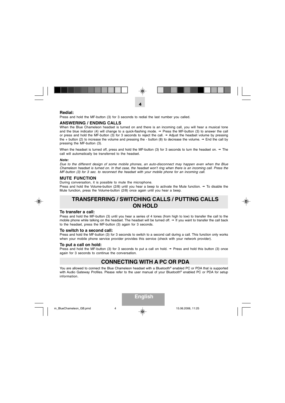 Connecting with a pc or pda, English | Mr Handsfree Bluetooth Headset Blue Chameleon User Manual | Page 6 / 63