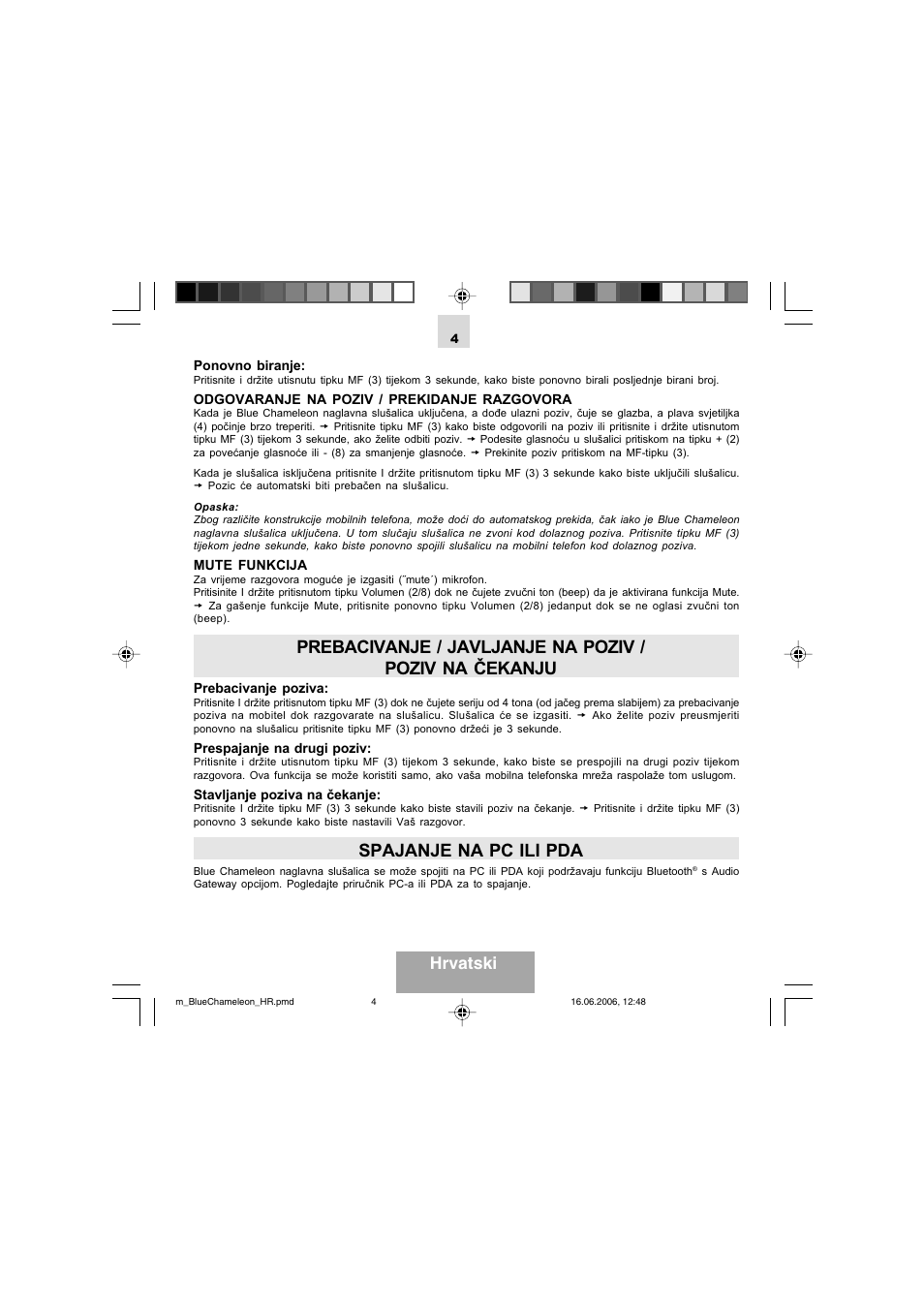 Spajanje na pc ili pda, Hrvatski | Mr Handsfree Bluetooth Headset Blue Chameleon User Manual | Page 61 / 63