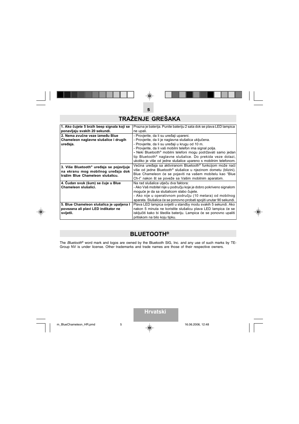 Traženje grešaka, Bluetooth, Hrvatski | Mr Handsfree Bluetooth Headset Blue Chameleon User Manual | Page 62 / 63