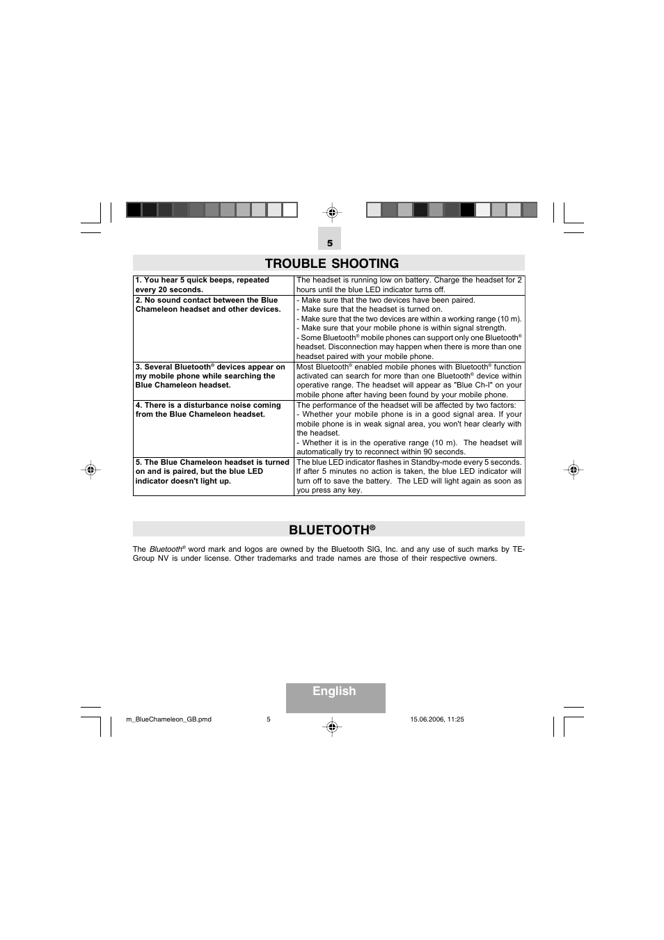 Trouble shooting, Bluetooth, English | Mr Handsfree Bluetooth Headset Blue Chameleon User Manual | Page 7 / 63