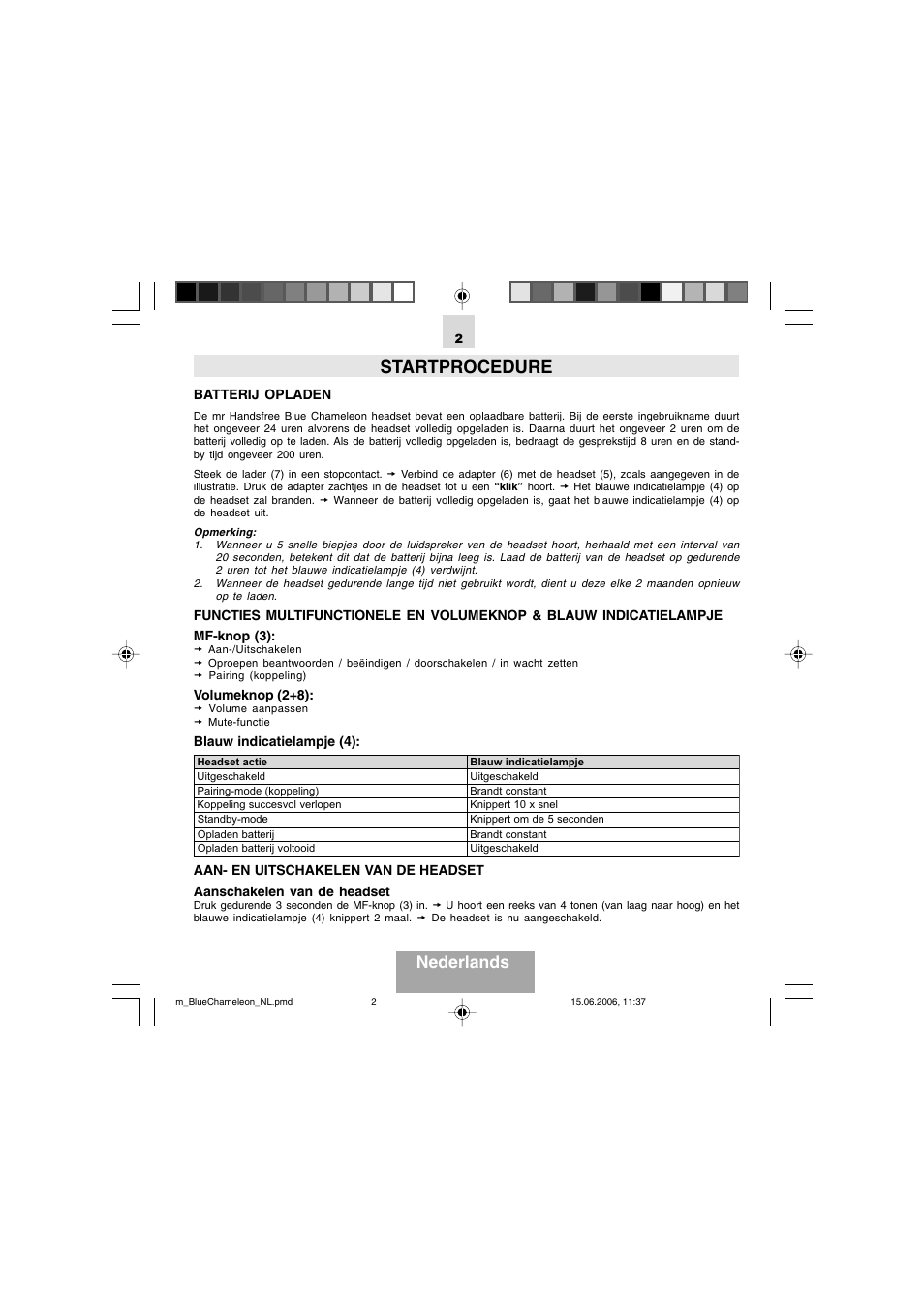 Startprocedure, Nederlands | Mr Handsfree Bluetooth Headset Blue Chameleon User Manual | Page 9 / 63
