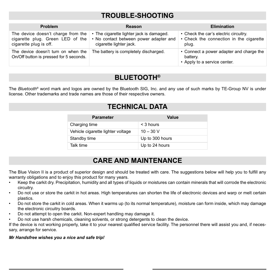 Trouble-shooting, Bluetooth, Technical data | Care and maintenance | Mr Handsfree Blue Vision II User Manual | Page 10 / 95