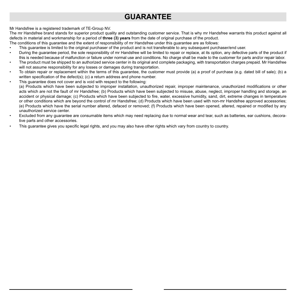 Guarantee | Mr Handsfree Blue Vision II User Manual | Page 11 / 95
