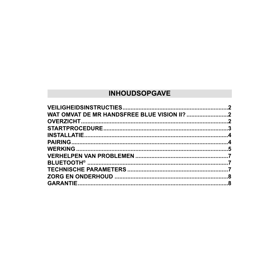 Inhoudsopgave | Mr Handsfree Blue Vision II User Manual | Page 12 / 95