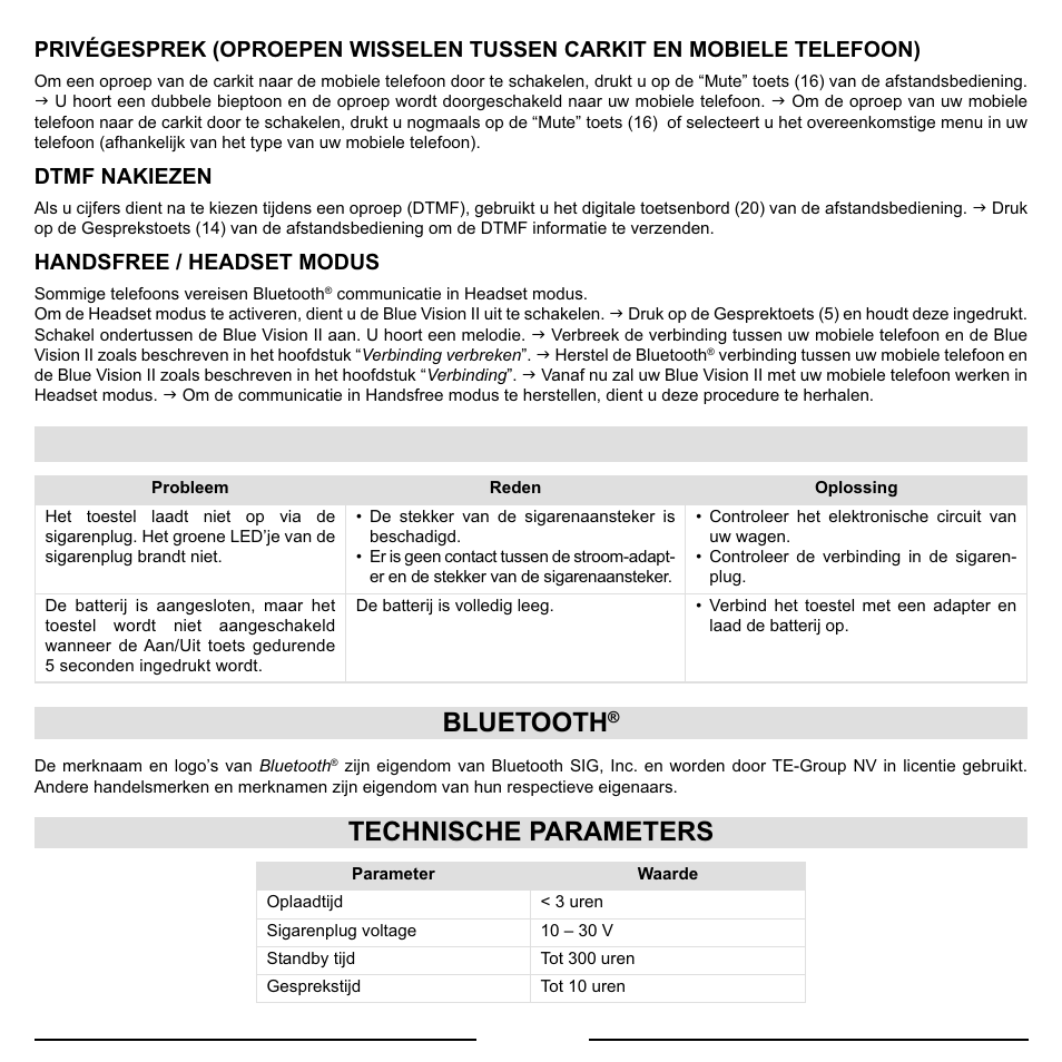 Verhelpen van problemen, Bluetooth, Technische parameters | Mr Handsfree Blue Vision II User Manual | Page 18 / 95