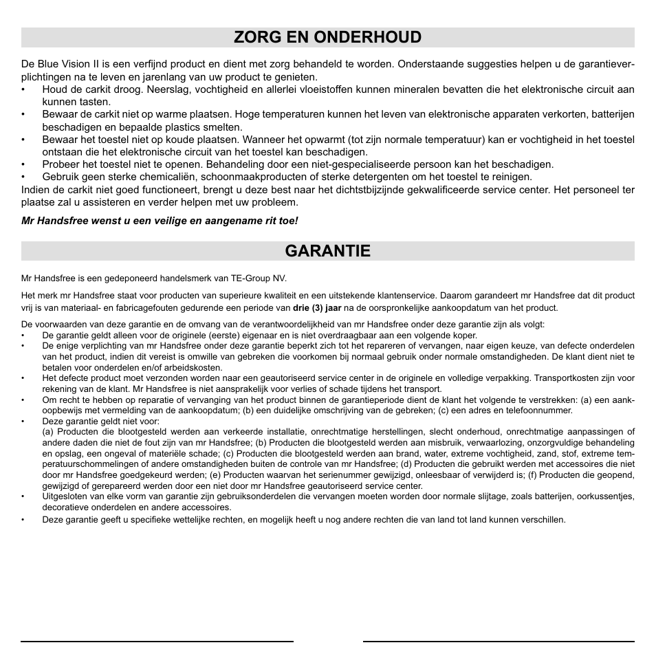 Zorg en onderhoud, Garantie | Mr Handsfree Blue Vision II User Manual | Page 19 / 95