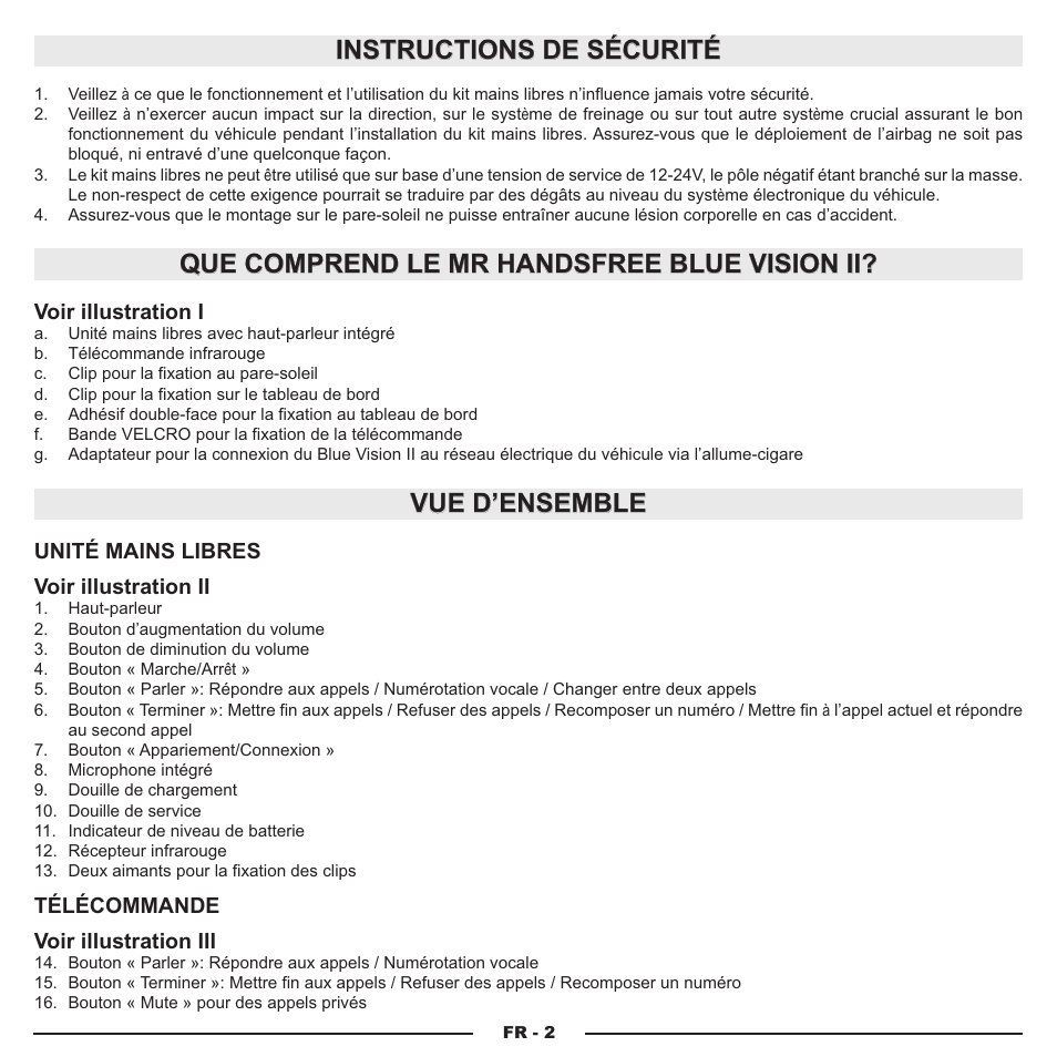 Instructions de sécurité, Que comprend le mr handsfree blue vision ii, Vue d’ensemble | Mr Handsfree Blue Vision II User Manual | Page 21 / 95