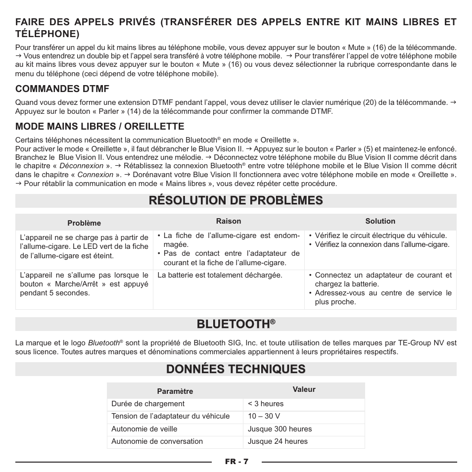 Résolution de probl èmes, Bluetooth, Données techniques | Commandes dtmf, Mode mains libres / oreillette | Mr Handsfree Blue Vision II User Manual | Page 26 / 95