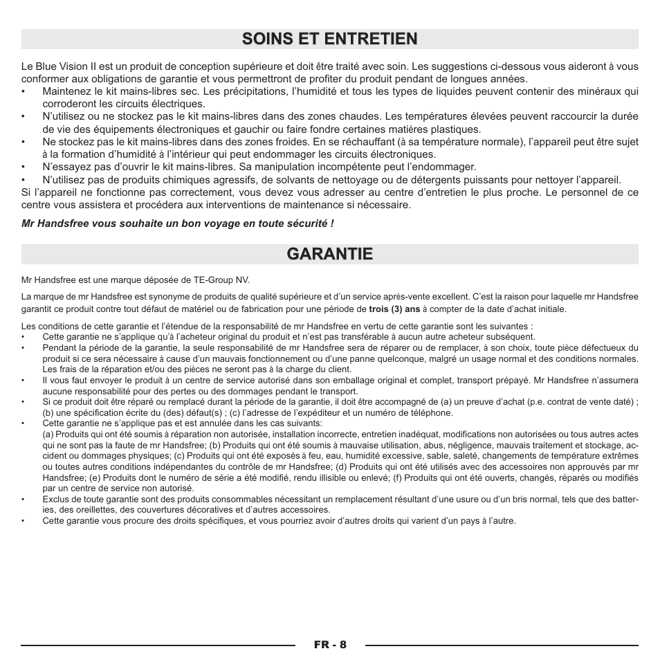 Soins et entretien, Garantie | Mr Handsfree Blue Vision II User Manual | Page 27 / 95