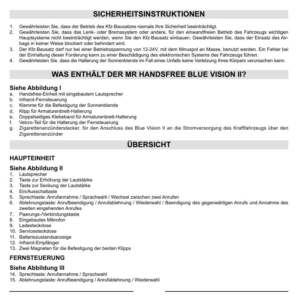 Sicherheitsinstruktionen, Was enthält der mr handsfree blue vision ii, Übersicht | Mr Handsfree Blue Vision II User Manual | Page 29 / 95