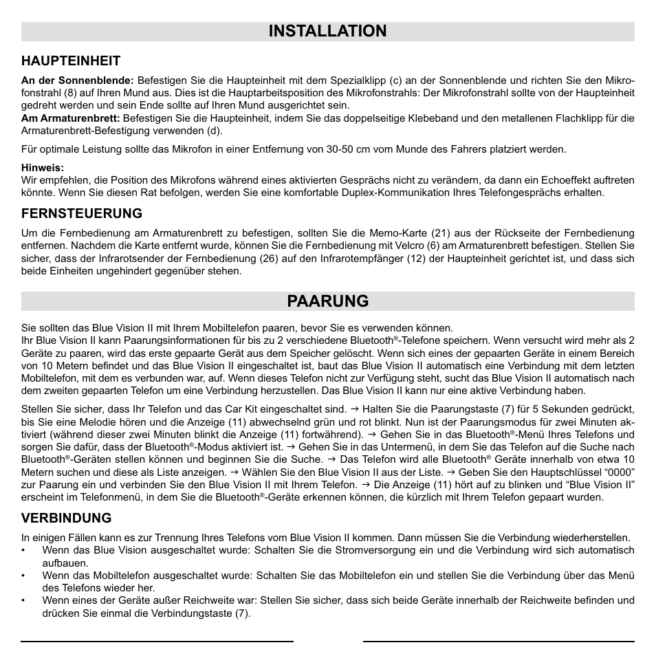 Installation, Paarung, Haupteinheit | Fernsteuerung, Verbindung | Mr Handsfree Blue Vision II User Manual | Page 31 / 95