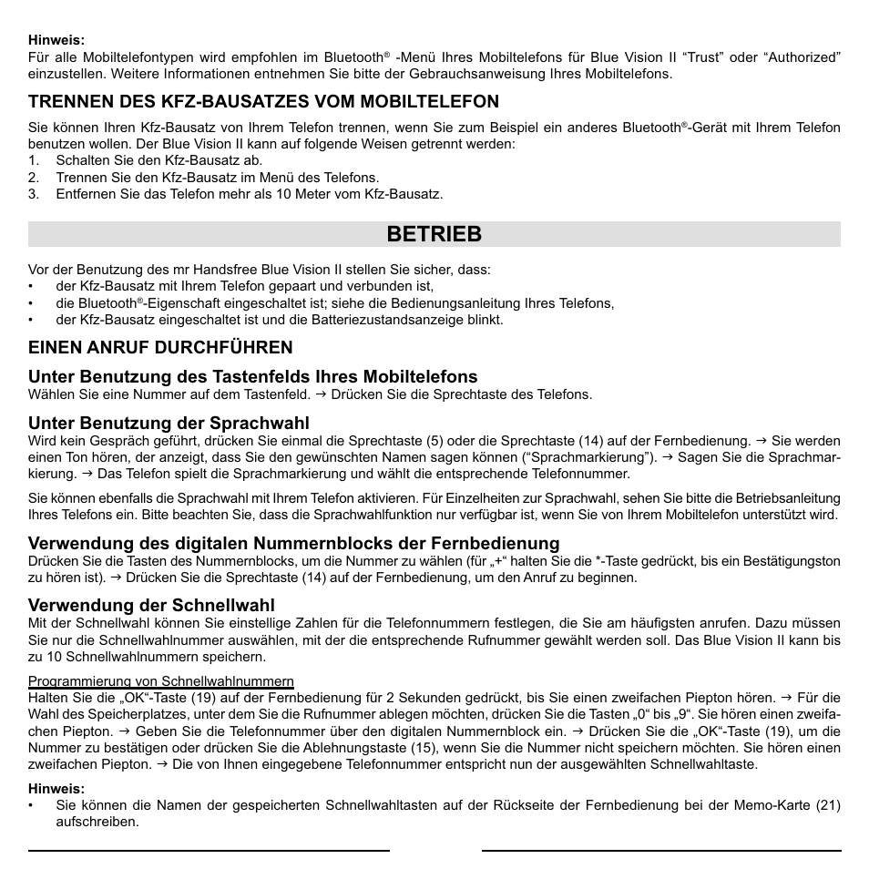 Betrieb | Mr Handsfree Blue Vision II User Manual | Page 32 / 95