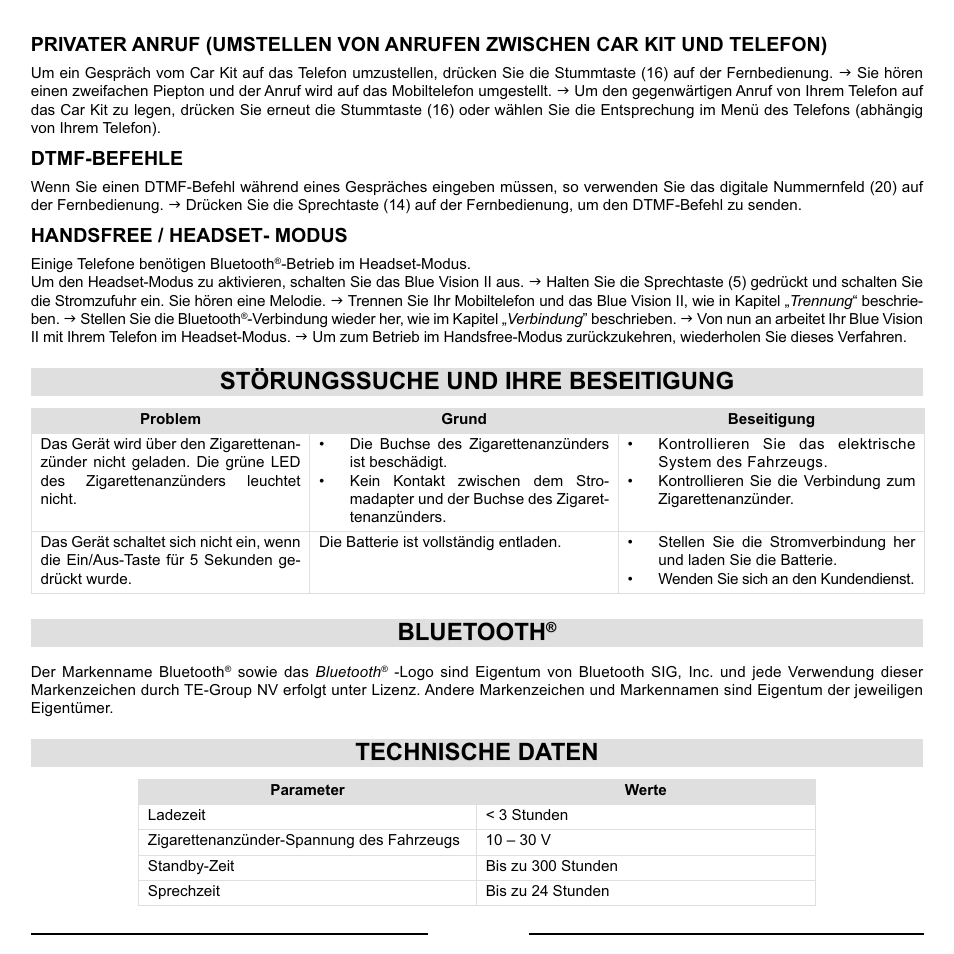 Störungssuche und ihre beseitigung, Bluetooth, Technische daten | Dtmf-befehle, Handsfree / headset- modus | Mr Handsfree Blue Vision II User Manual | Page 34 / 95