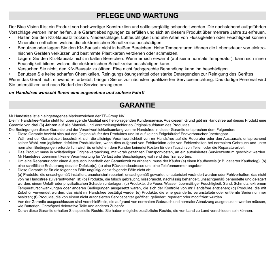 Pflege und wartung, Garantie | Mr Handsfree Blue Vision II User Manual | Page 35 / 95