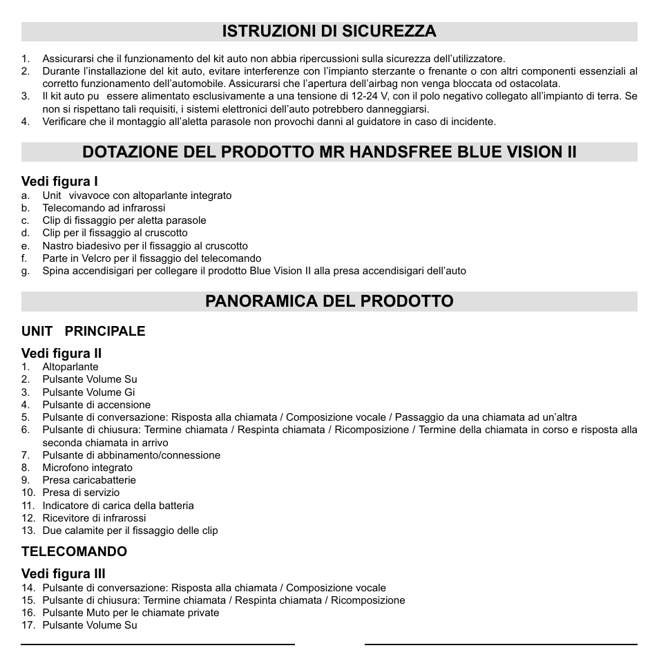 Istruzioni di sicurezza, Dotazione del prodotto mr handsfree blue vision ii, Panoramica del prodotto | Mr Handsfree Blue Vision II User Manual | Page 37 / 95