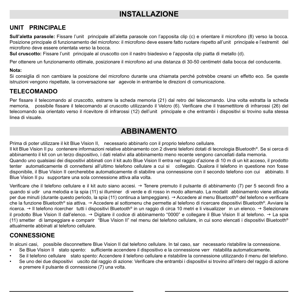 Installazione, Abbinamento, Unità principale | Telecomando, Connessione | Mr Handsfree Blue Vision II User Manual | Page 39 / 95