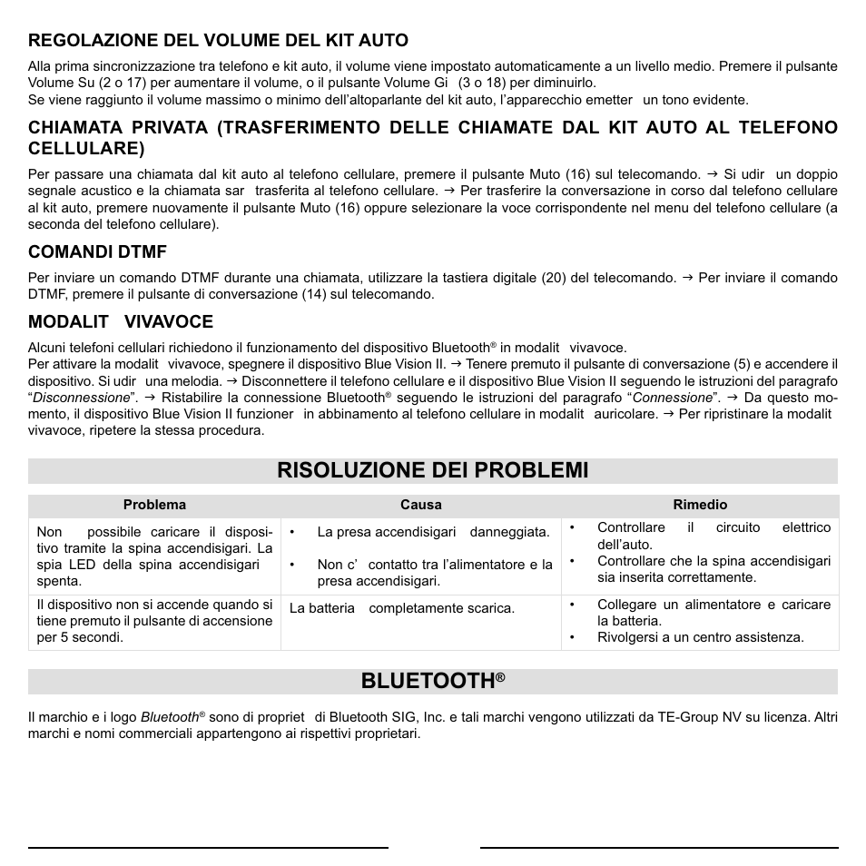 Risoluzione dei problemi, Bluetooth, Regolazione del volume del kit auto | Comandi dtmf, Modalità vivavoce | Mr Handsfree Blue Vision II User Manual | Page 42 / 95