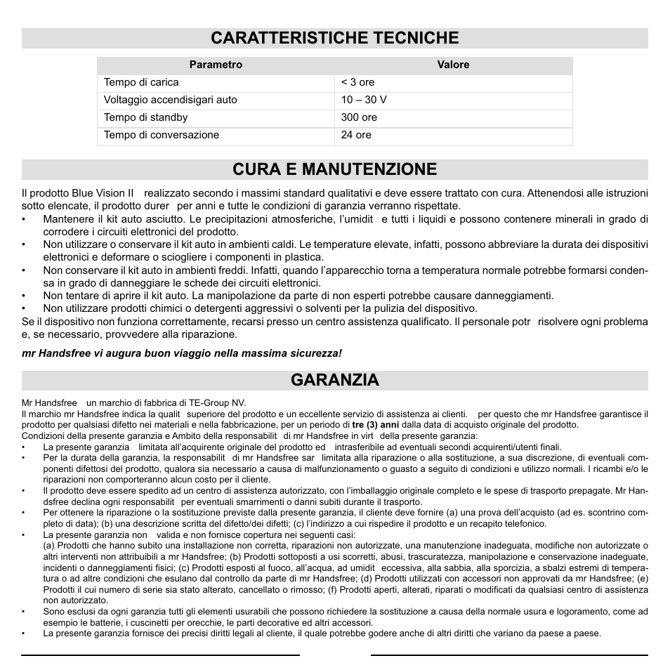 Caratteristiche tecniche, Cura e manutenzione, Garanzia | Mr Handsfree Blue Vision II User Manual | Page 43 / 95