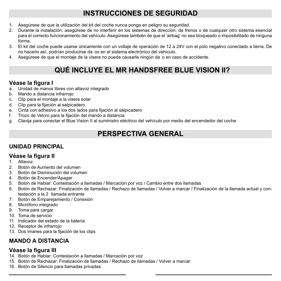 Instrucciones de seguridad, Perspectiva general | Mr Handsfree Blue Vision II User Manual | Page 45 / 95