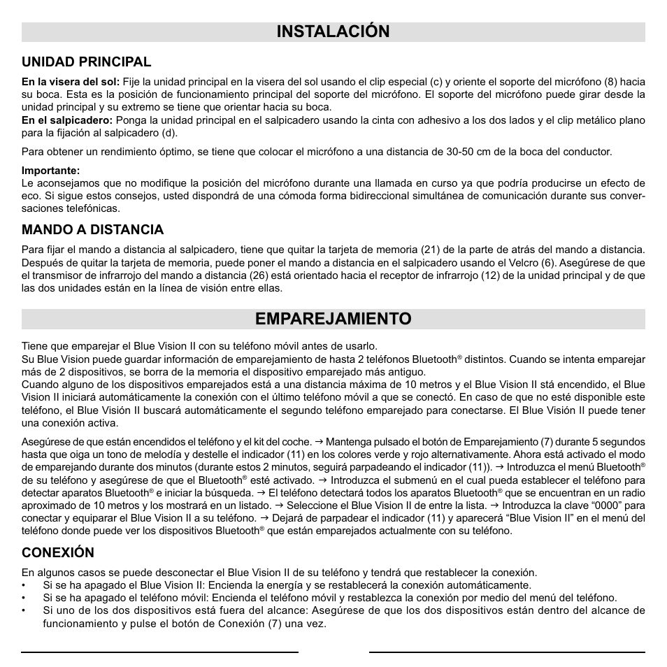 Instalación, Emparejamiento, Unidad principal | Mando a distancia, Conexión | Mr Handsfree Blue Vision II User Manual | Page 47 / 95