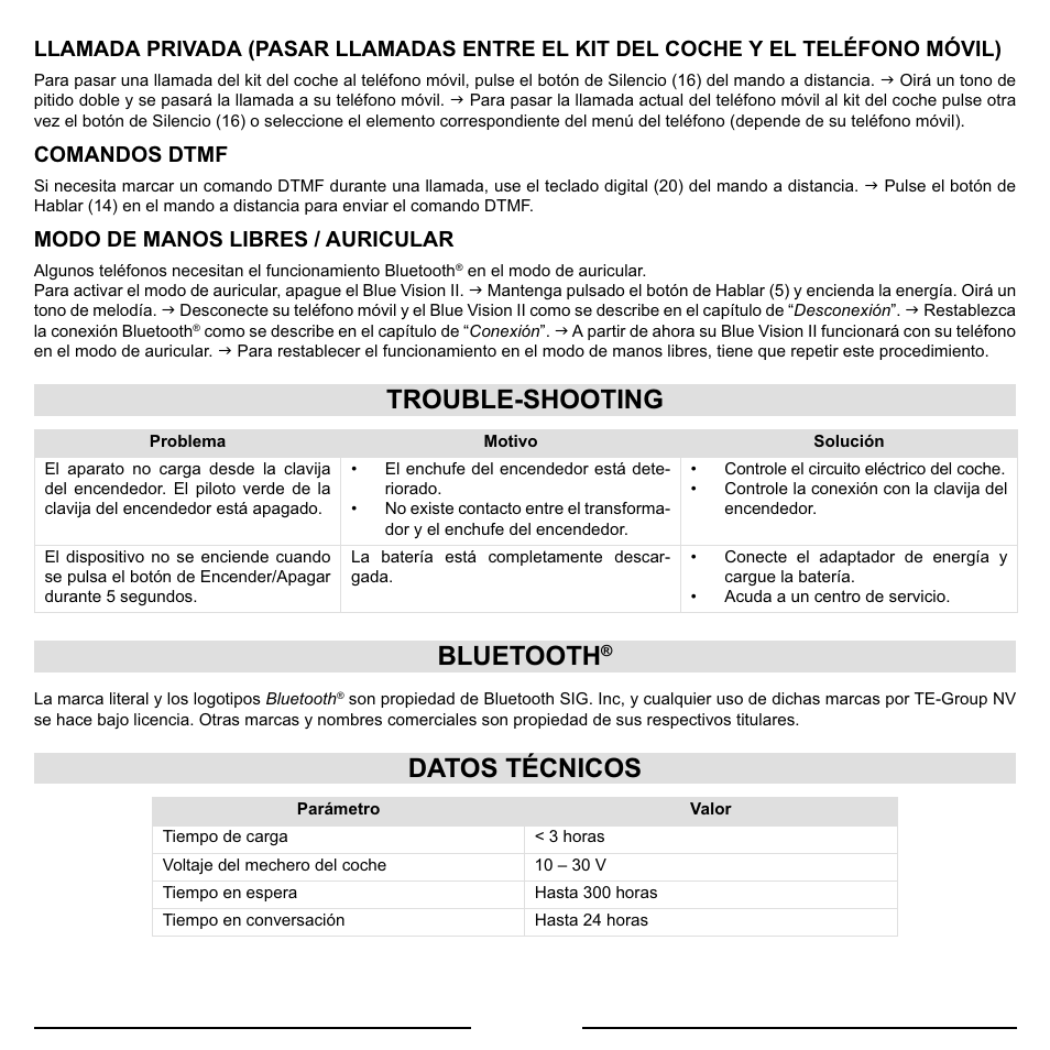 Trouble-shooting, Bluetooth, Datos técnicos | Mr Handsfree Blue Vision II User Manual | Page 50 / 95