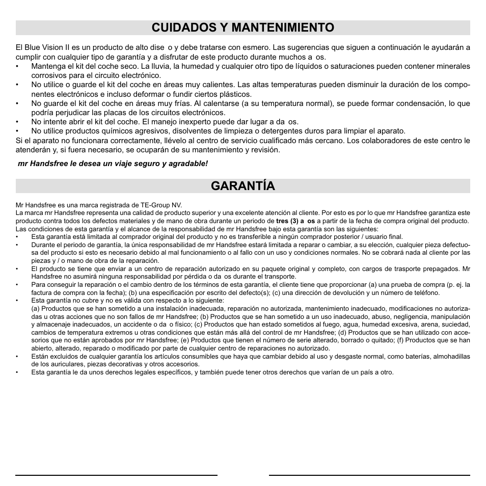 Cuidados y mantenimiento, Garantía | Mr Handsfree Blue Vision II User Manual | Page 51 / 95