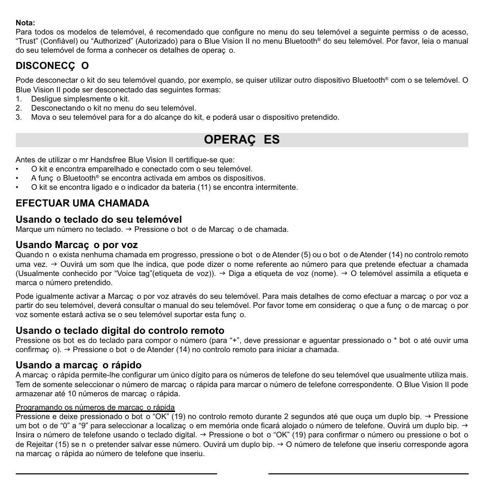 Operaç operaçõ ões es | Mr Handsfree Blue Vision II User Manual | Page 56 / 95