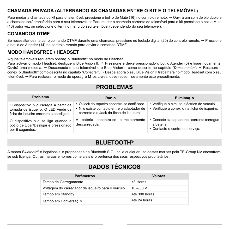 Problemas, Bluetooth, Dados técnicos | Mr Handsfree Blue Vision II User Manual | Page 58 / 95