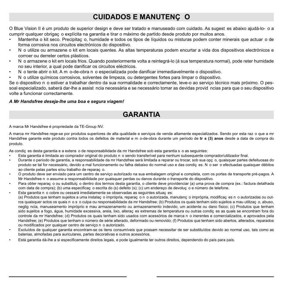 Cuidados e manutenç cuidados e manutençã ão o, Garantia | Mr Handsfree Blue Vision II User Manual | Page 59 / 95