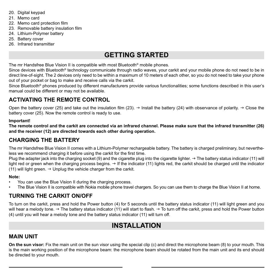 Getting started, Installation | Mr Handsfree Blue Vision II User Manual | Page 6 / 95