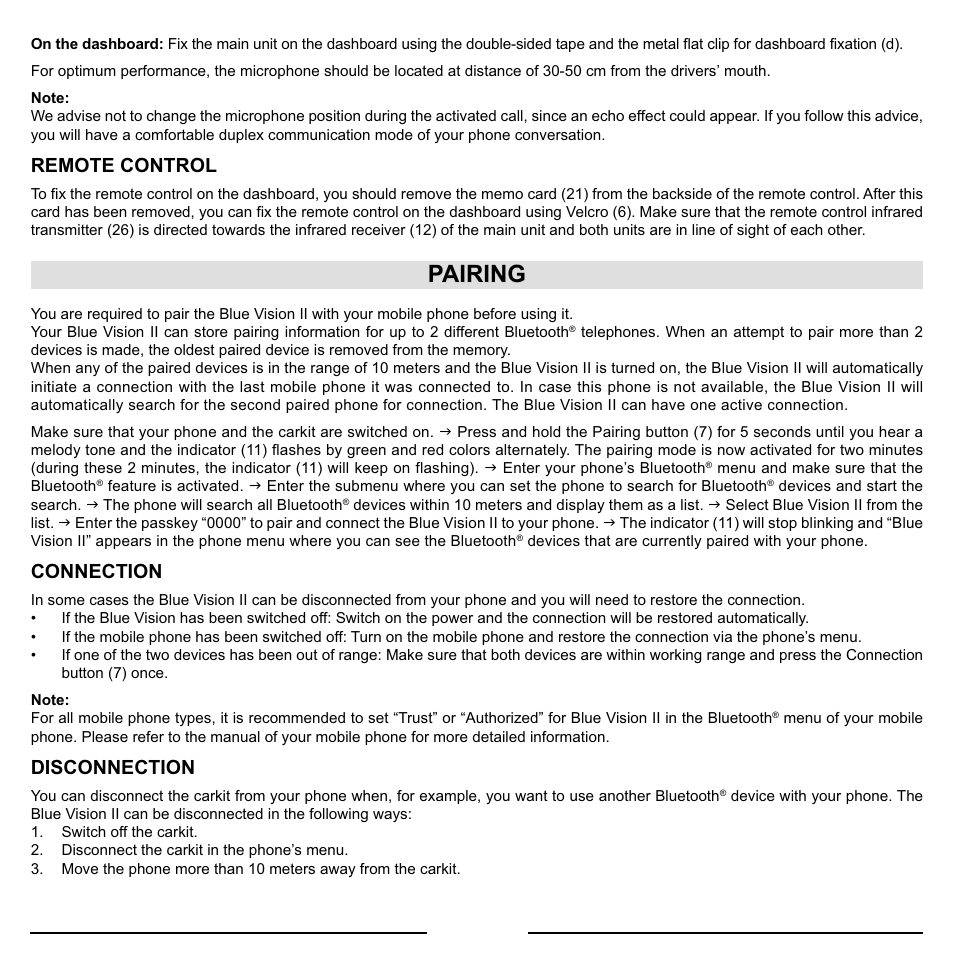 Pairing, Remote control, Connection | Disconnection | Mr Handsfree Blue Vision II User Manual | Page 7 / 95