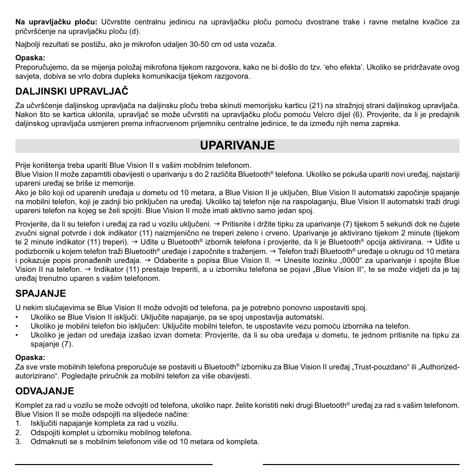 Uparivanje, Daljinski upravljač, Spajanje | Odvajanje | Mr Handsfree Blue Vision II User Manual | Page 81 / 95